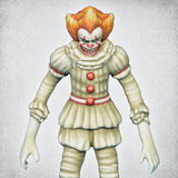 Sadistic Slasher by Crooked Dice, one 28mm scale white metal miniature for your RPG or tabletop game representing an evil clown with a large toothy grin.