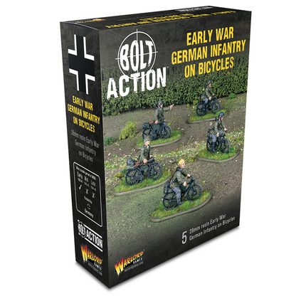 Box art for Bolt Action Early War German Infantry on Bicycles, showing a black retail package with illustrated miniatures on grassy terrain and the Warlord Games logo. Bolt Action Early War German Infantry on Bicycles five 28mm resin World War II miniatures
