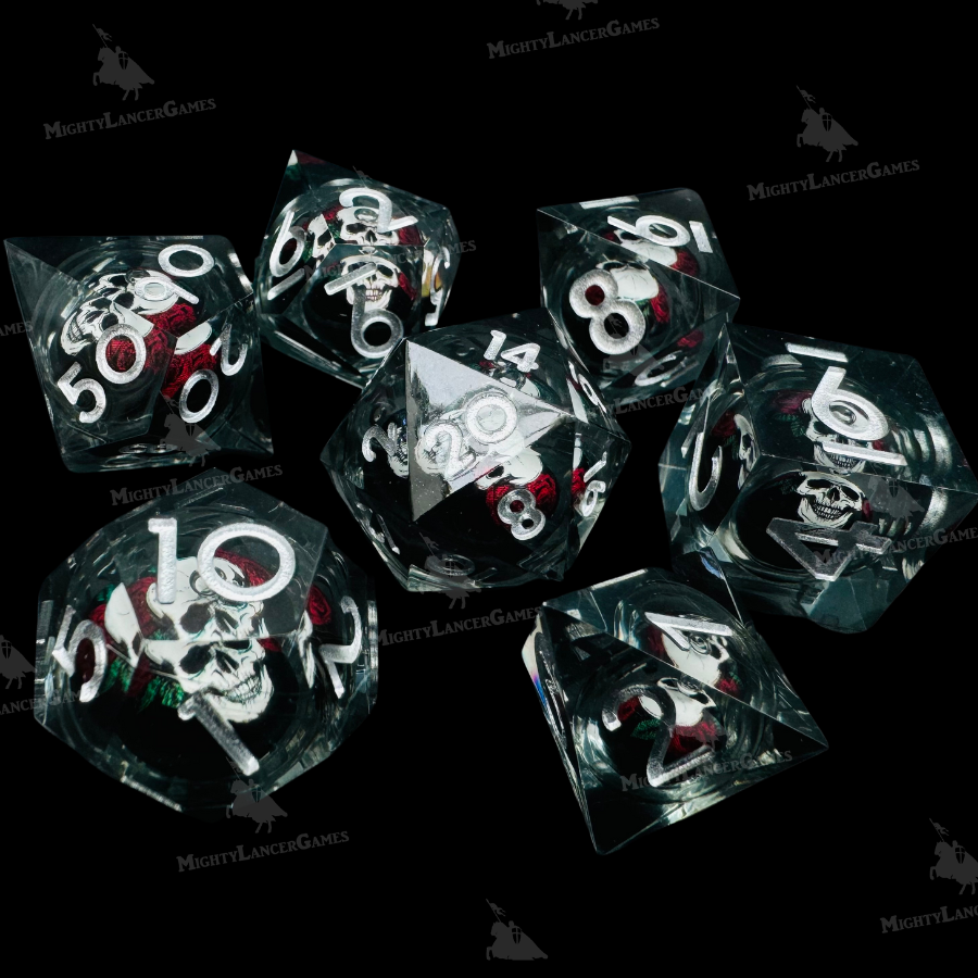 White Skull Liquid Core Dice in Case With Silver Numbers