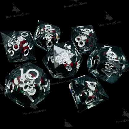White Skull Liquid Core Dice in Case With Silver Numbers