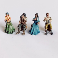 Tavern Seated Patrons by Iron Gate Scenery printed in resin for 28mm scale with four seated patrons for your bar setting, local tavern diorama, RPGs, npcs, tabletop games and more.