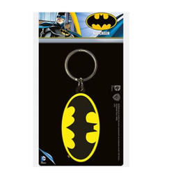 Batman Symbol PVC Keychain. A PVC keyring featuring the classic yellow and black Batman symbol on a silver ring, great for a comic or superhero fan.  
