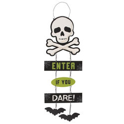 A hanging ornament for your spooktacular Halloween party and decorations with a white skull and crossbones at the top, Enter If You Dare! in the middle and two bats at the bottom for your wall or door.