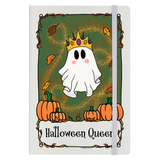 Halloween queen ghost tarot A5 hard cover notebook in cream featuring a traditional sheet ghost wearing a crown on a green background with pumpkins and autumn leaves design making a functional, practical and fun gift for a Halloween fan.