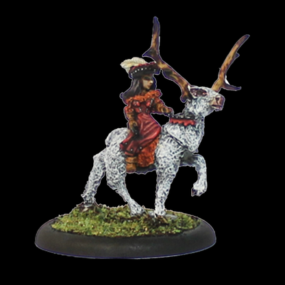 Rademaster on Fianna Bana by Oakbound Studio. A multipart lead pewter miniature supplied with a 60mm round lipped base. The rademaster sits side saddle on a majestic stag making a great edition to your tabletop.