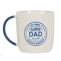 A white mug with a blue handle and the words My Hero Super Dad No1 Dad World's Greatest in blue in a circle design making a great gift and showing the father figure in your life that they are the best whether it is a birthday, Christmas, Fathers Day or you just want to let them know how great they are.