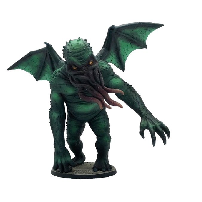 Great Cthulhu by Crooked Dice a resin multi part 28mm scale miniatures for your tabletop games, a Lovecraftian inspired figure of an ancient god. Cthulhu stands approximately 90mm tall to the top of the head or 120mm to the top of the wings and is a multi part resin kit that needs assembly