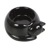 A black tealight holder representing a curled up and cosy black cat making a lovely home décor accessory, gift or ornament.