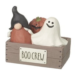 Boo Crew Ornament, a super cute ornament featuring a gonk, pumpkin and ghost in a crate with a sign on the front saying 'Boo Crew' which will make a lovely and sophisticated edition to your home decoration or as a Halloween edition to your work space. 