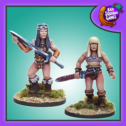 Muscle Mommies, a pack of two metal miniatures by Bad Squiddo Games sculpted by Shane Hoyle. Two female warriors for your tabletop games, RPGs and hobby needs, one holding a large sword as if flexing how sharp her weapon is and the other with a sword in hand and both sporting fur topped boots
