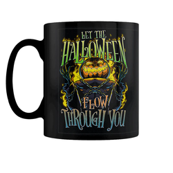 Let The Halloween Flow Through You Black Mug. A black mug with a spooky pumpkin figure and the words Let The Halloween Flor Through You showing everyone just how much you love Halloween.