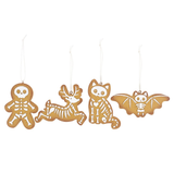 Set of four Creepy Skeleton Cookie Ornaments. A spooky take on the traditional gingerbread cookie ornaments featuring a gingerbread man, skeleton reindeer, bony bat and creepy cat