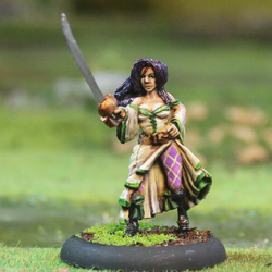 Cacciatore 2 by Oakbound Stuido. A lead pewter miniature of a female with her hair down, wearing a long dress, boots and holding a sword for your tabletop and RPGs. 