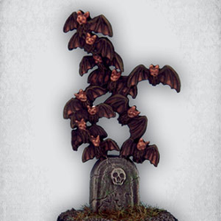 Bat Swarm by Crooked Dice, one 28mm scale white metal miniature for your RPG or tabletop game representing a swarm of bats flying up from a gravestone.