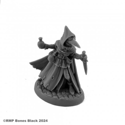 20303 Sister Hazel sculpted by Bobby Jackson from the Reaper Miniatures Bones Black range. A limited edition RPG miniature of a plague doctor with her hood up, a blade in one hand and a potion bottle in the other wearing the classic plague doctor mask for your tabletop games.