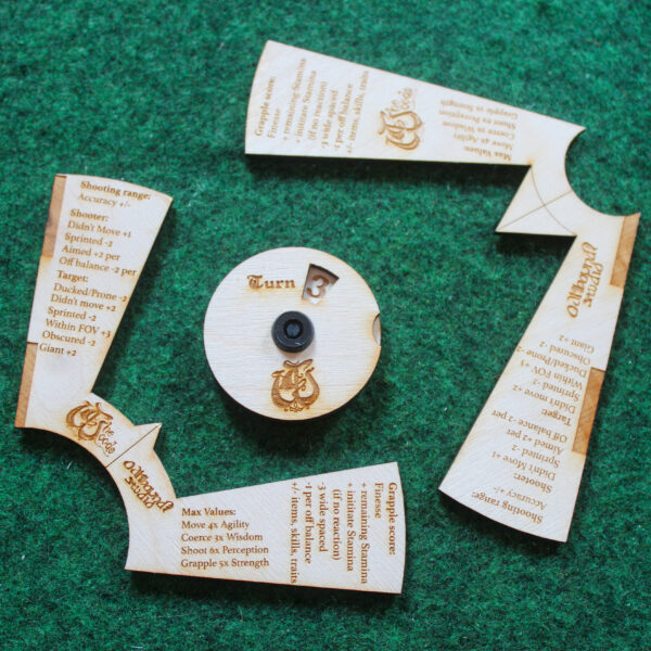 The Woods Template Set by Oakbound Studio. A set of regular and giant field of vision templates including handy reference charts and a a ruler helping to make your games of The Woods smoother and faster.