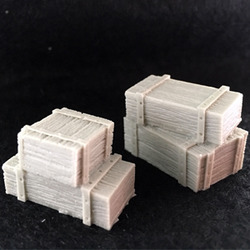 Small Crate Stacks by Crooked Dice, a set of resin miniatures representing two different small wooden crate stacks for your RPGs, wargaming settings and tabletop games.