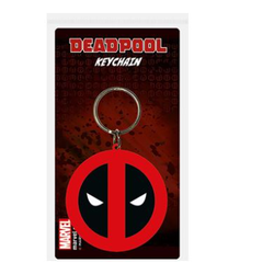 Deadpool Symbol PVC Keychain. A PVC keyring featuring the classic red and black Deadpool symbol on a silver ring, great for a comic or superhero fan.   