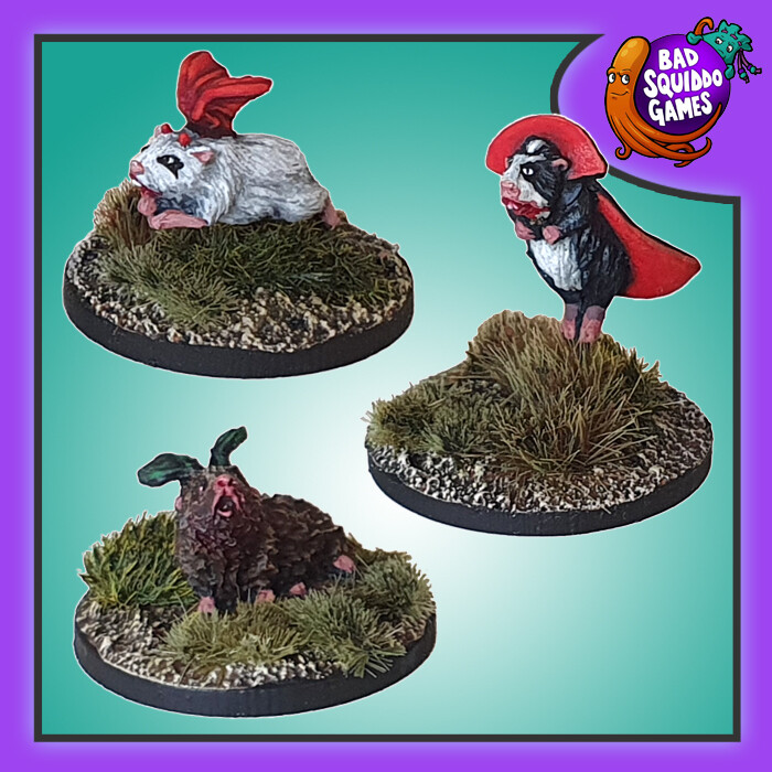 Bad Squiddo Games Vampeegs Vampire Guinea Pigs. A set of three single sculpt metal miniatures representing vampire peegs for your RPGs, tabletop gaming and more. 