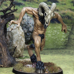 Black Goat by Crooked Dice, one 28mm scale resin miniature for your RPG or tabletop game representing a large male with hooves, a goat skull head and fur to cover his modesty. Approximately 70mm tall&nbsp;