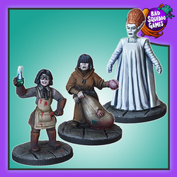 Bad Squiddo Games Victoria Frankenstein With Shegor & Her Creation. A set of three single sculpt metal miniatures representing female Frankenstein, her helper and creature