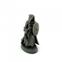20332 Ailene Female Cleric by Bobby Jackson from the Reaper Miniatures Bones Black range. A limited edition (in Bones Black) RPG miniature representing a female cleric with her hood up holding a shield and mace for your tabletop games