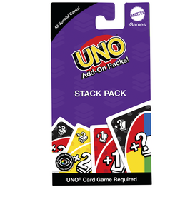 UNO Add-On Packs Stack Pack card game packaging, featuring a purple card holder with colourful card illustrations and the UNO logo. UNO Stack Pack Add-On Pack Card Game Expansion for Classic UNO