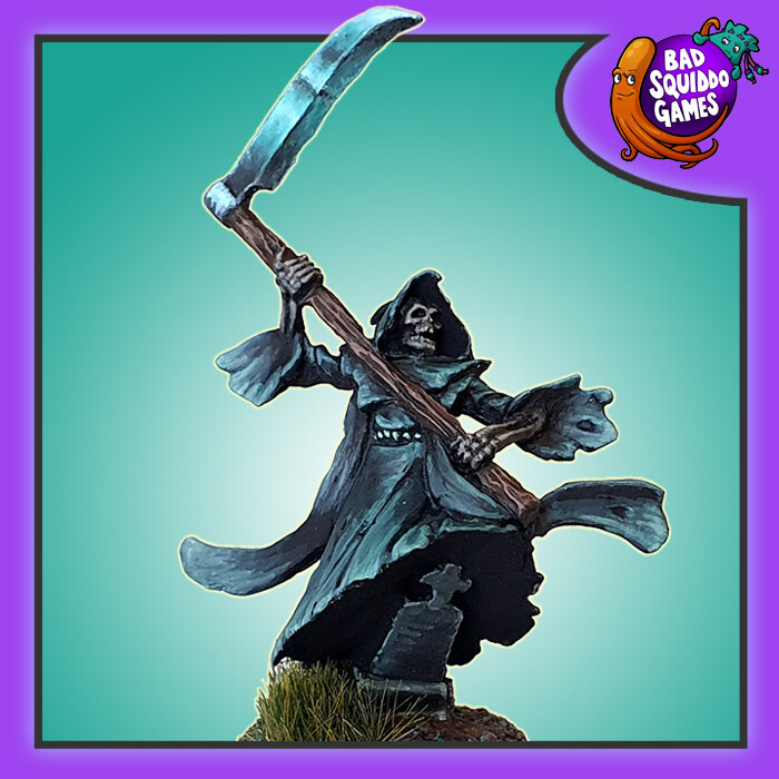 Bad Squiddo Games Death. A metal miniatures by Bad Squiddo Games representing death as a skeletal form wearing a traditional hooded cloak and carrying a scythe. 