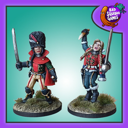 Bad Squiddo Games Vampire Hunters. A pack of two metal miniatures one being a female holding a sword in one hand and a stake in the other hand and the second miniature with a sword in one hand and wearing a bearskin