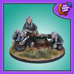 Bad Squiddo Games The Graeae Witch Coven. A pack of three metal miniatures representing witches creating spells, or just dinner, in a cauldron there main problem being that they only have one eye between them and have to pass it around with the bone holding witch currently using it to keep an eye on the boiling pot.