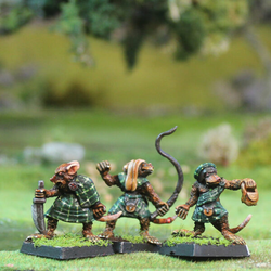 Gnawloch Merchants by Oakbound Studio. A set of three lead pewter miniatures of Gnawloch rats, one with a bag, one with a bow and one with a knife but all full of character your tabletop and RPGs.