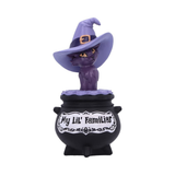 My Lil Familiar Shadow cat figurine.  An adorable ornament of a purple cat wearing an oversized witches hat sat on top of a black cauldron with the phrase My Lil' Familiar to symbolise you conjuring this cute kitty from the cauldron to be your familiar.