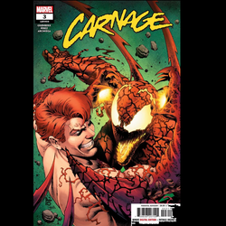 Carnage #3 from Marvel Comics written by Torunn Gronbekk with art by Pere Perez. Cletus Kasady has returned and has his sights set on the biggest prize of all, but first, he must face a reality-altering face-off the likes of which the Marvel Universe has never seen