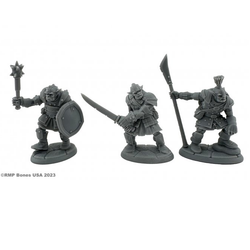 07106 Scarneck Hobgoblins sculpted by Bobby Jackson from the Reaper Miniatures Bones USA Dungeon Dwellers range. A set of three Hobgoblins RPG miniatures holding various weapons that would making great guards or NPCs for your gaming table.   