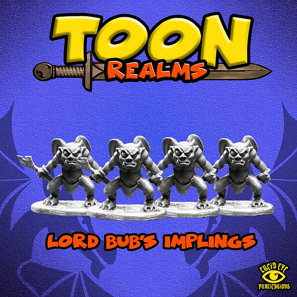 Lord Bub's Implings designed by Steve Saleh. A pack of 4 white metal 28mm scale miniatures, Implings with wings holding trident style weapons for your tabletop games, dioramas and painting fun. 