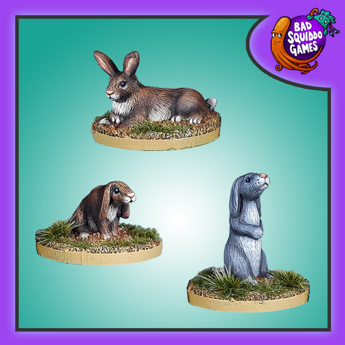Bad Squiddo Games Giant Bunnies. A set of three single sculpt metal miniatures representing giant rabbits