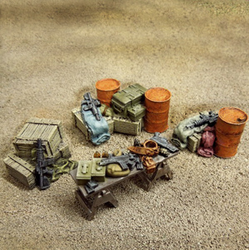 Arms Dealer by Crooked Dice, resin miniatures representing ammo or weapons upgrades for your post apocalyptic games, being three drum and crate stacks, two trestles and a counter top.