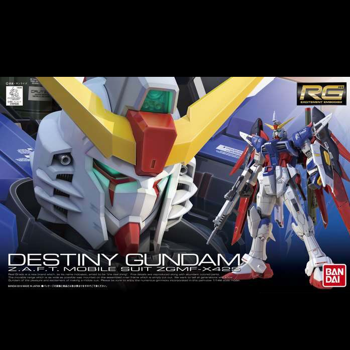 Bandai RG Gundam Destiny ZGMF-X42S 1/144 Gunpla model kit with full articulation, weapons, and detailed Real Grade design. Ages 15+.