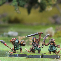 Gnawloch Warriors set 1 by Oakbound Studio. A set of three lead pewter miniatures of Gnawloch rat warriors with various weapons, poses and full of character