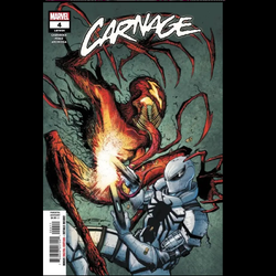 Carnage #4 from Marvel Comics written by Torunn Gronbekk with art by Pere Perez. Flash Thompson hunts Cletus down, but has Cletus been hunting him all along? It's an all-out Symbiote slugfest sure to splatter these pages with slaughter.