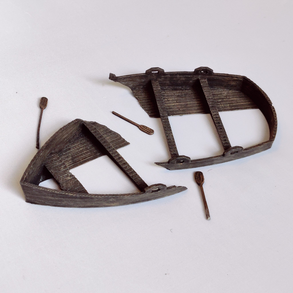 This 28mm scale wrecked boat comes complete with two halves of wrecked rowboat and three oars making a great edition to your frostgrave, blood &amp; plunder, Dungeons and Dragons and many other tabletop games or hobby projects.