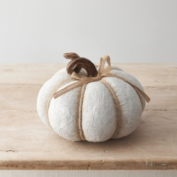 White Knit Look Pumpkin. A sophisticated white cream pumpkin ornament with a textured fabric effect and beige ribbon detail.