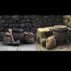 Good Stack 1&2 by Crooked Dice contains grain sack, barrels, axe and cloth to decorate your gaming table, add to your diorama or as scatter for your RPG. Sculpted by Jens Beckmann, cast in resin and provided unpainted.  