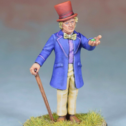 Terry ‘The Terror’ Tonker by Crooked Dice, one 28mm scale white metal miniature for your RPG or tabletop game representing a suited gentleman in a top hat, wearing a bow tie and using a cane, holding out his hand offering you something from his palm.