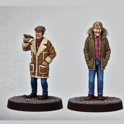 Rogue Traders by Crooked Dice.&nbsp; A set of two metal figures representing two male market trader style business men one wearing a flat cap and holding a cigar with the other in a parker style jacket and jeans making a great edition to your RPGs, tabletop gaming and for a cult TV fan.