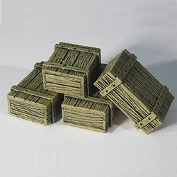 Small Crates by Crooked Dice, a pack of four resin miniatures representing wooden crates ranging from 15mm wide to 25mm wide for your RPGs, dockside settings and tabletop games.