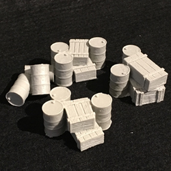 Drum &amp; Crate Barricades by Crooked Dice.&nbsp; A pack of resin miniatures representing wooden crates and oil drums for your tabletop games, RPGs, town scenery and more.