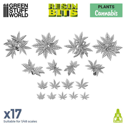 Cannabis from the Resin Bits by Green Stuff World. A pack of 17 3D printed ABS-like resin plant leaves for you to use on your miniatures bases, dioramas and other hobby projects.