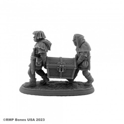 07113 Henchmen and Chest sculpted by Bobby Jackson from the Reaper Miniatures Bones USA Dungeon Dwellers range. A characterful miniature of two male henchmen carrying a chest making a great edition to your RPG and tabletop games.