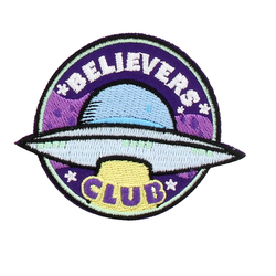 Believers Club Iron On Patch, 100% cotton embroidered patch with iron on adhesive backing. A fun round patch with purple background for your bag, jacket, hat and more. 